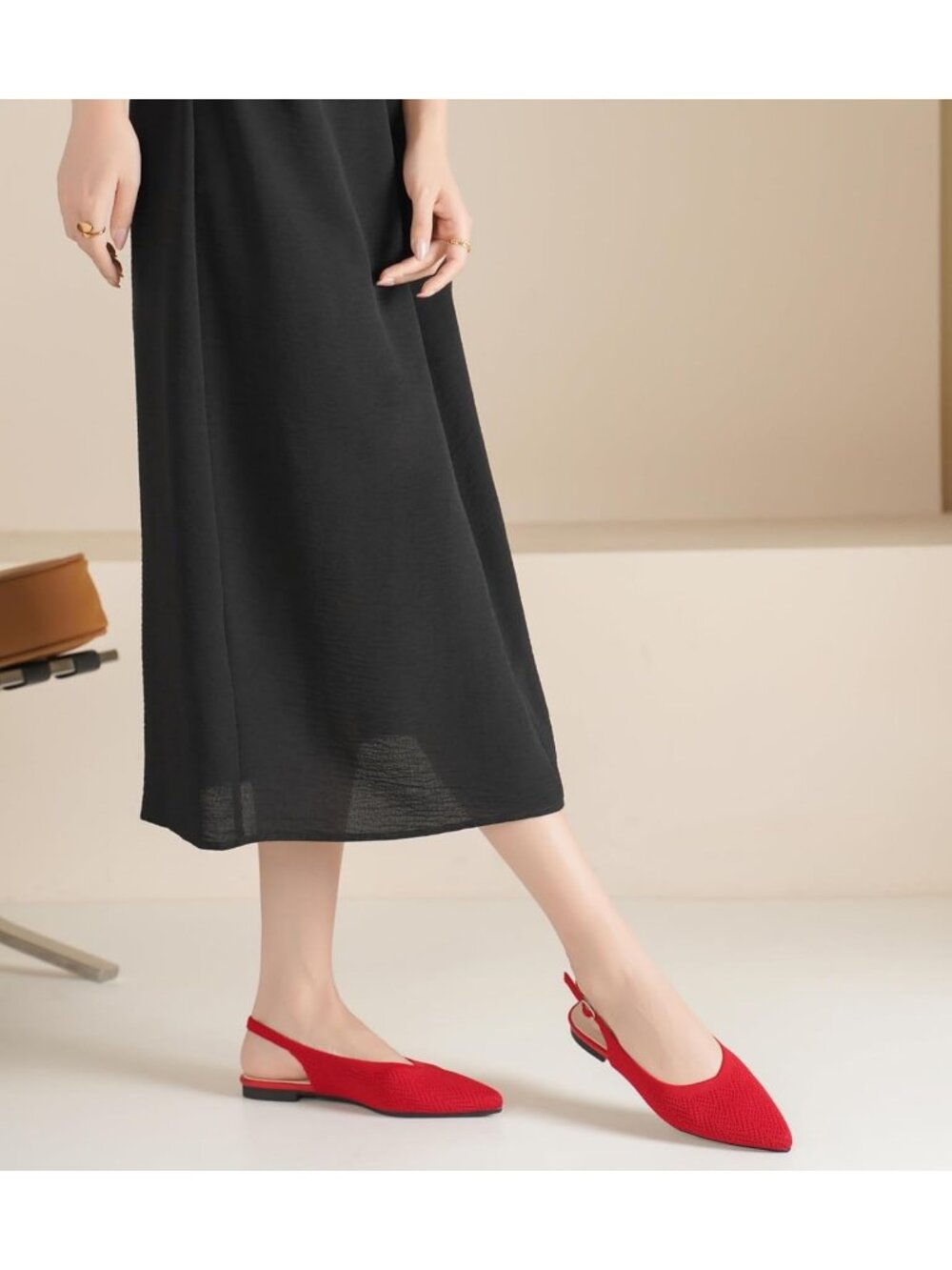 Women's Red Knit Ballet Flats Pointed Toe Buckle Strap Slip On Party Dress Shoes - Picture 5 of 6